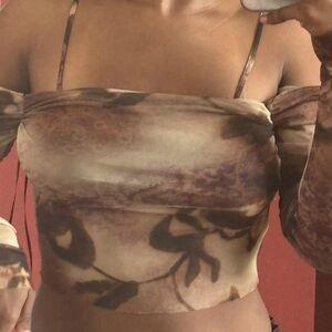 silence + noise off the shoulder fold over mesh top